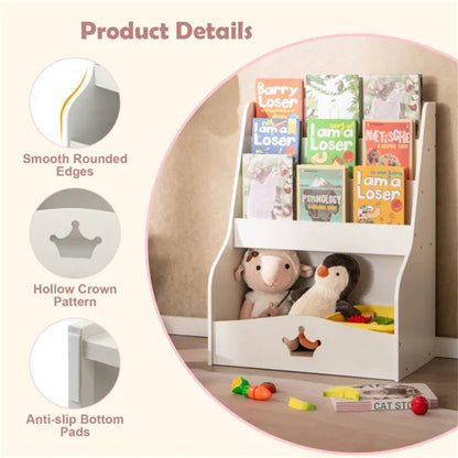 Kids 3-Tier Bookshelf & Toy Storage – White Shelf with Hidden Back Compartment