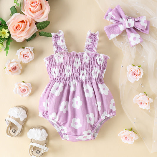 Summer Chic: Floral Printed Romper with Bow Headband for Babies