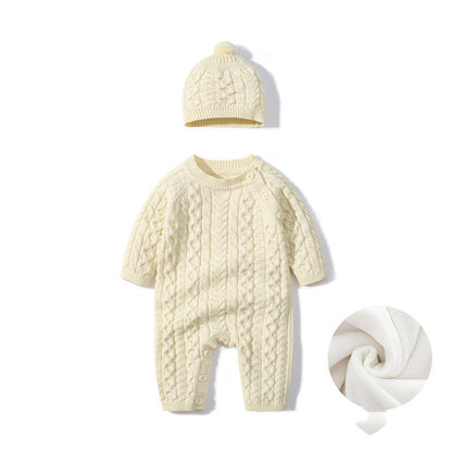 Autumn & Winter Knitted Long Sleeve Romper with Matching Knitted Hat for Babies