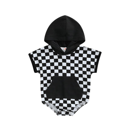 Chessboard Plaid Short Sleeve Hooded Romper: Stylish Comfort for Your Little One