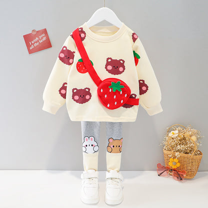 Baby Girl's Animal Printed Sling Bag Design Western Style Autumn Suit