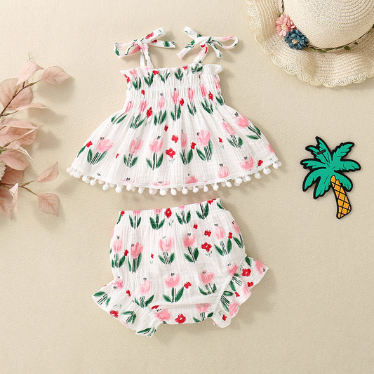 Adorable Baby Girl Floral Print Spaghetti Strap Pom Pom Lace Dress and Short Set