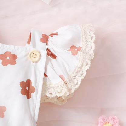 Adorable Baby Girl Lace Flounced Sleeve Printed Triangle Rompers