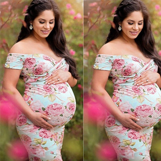 Elegant Floral Cross V-Neck Off-Shoulder Plus Size Maternity Dress