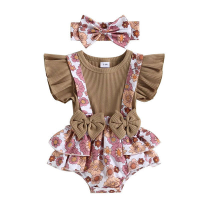 Baby Floral Ruffle Sleeve Bow Strap One-piece Romper