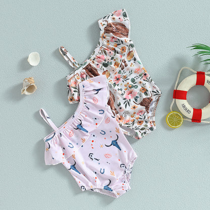 Girls One-Shoulder Bull Head Print Swimsuit