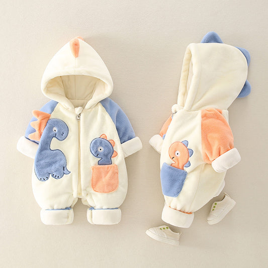 Newborn Baby Dino Fleece-Lined Thick Winter Jumpsuit
