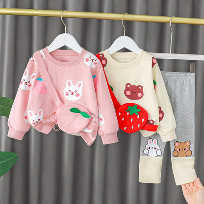 Baby Girl's Animal Printed Sling Bag Design Western Style Autumn Suit