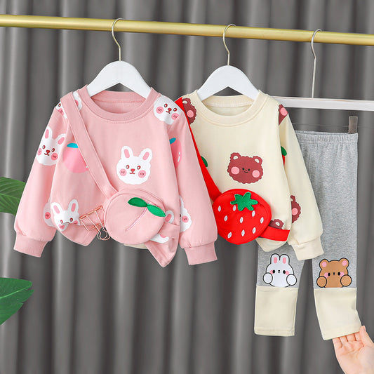 Baby Girl's Animal Printed Sling Bag Design Western Style Autumn Suit