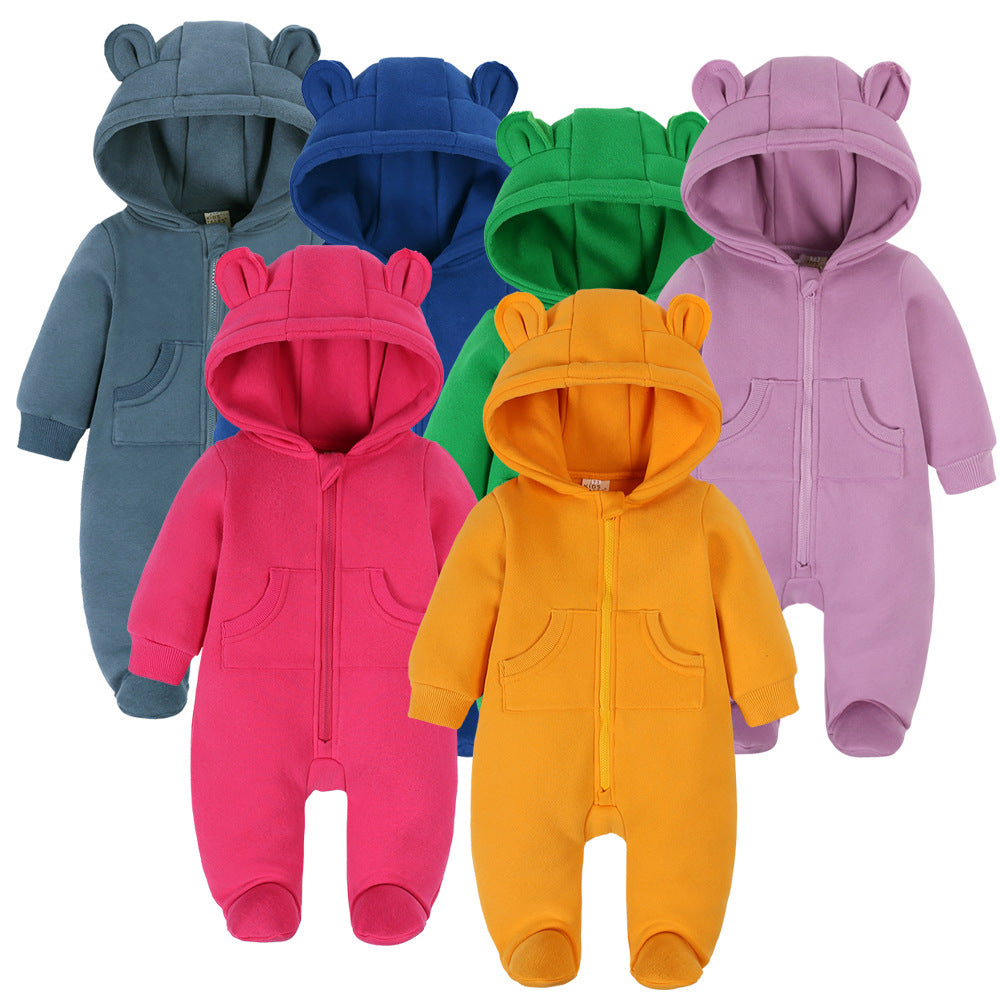 Cozy Solid Color Ear-Designed Hood Thickened Baby Foot-Wrapped Jumpsuit