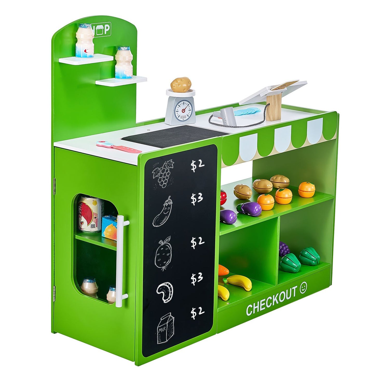 Wooden Kids Grocery Store Playset – Market Stand with Cash Register & Accessories