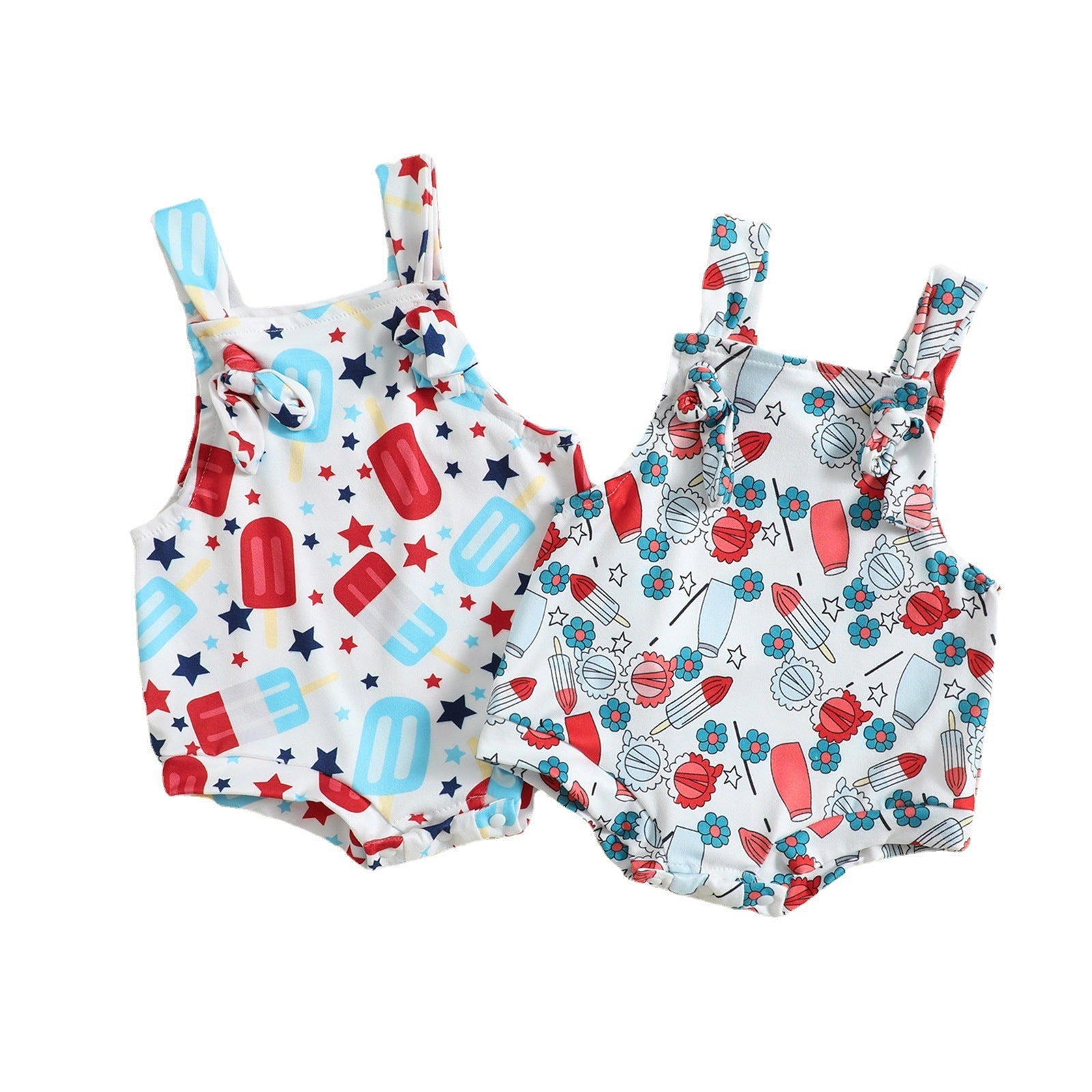 Adorable Baby Ice Cream Printed Front Knotted Suspender Romper