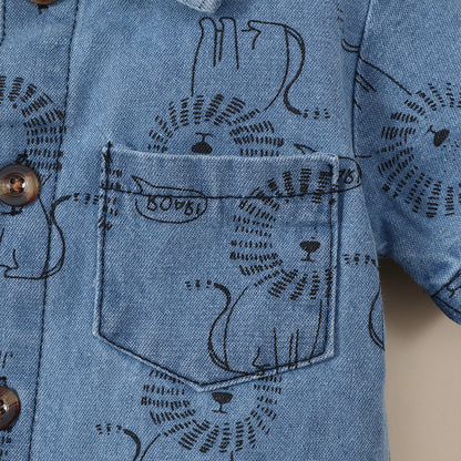 Boy's Lion Printed Denim Jumpsuit - Stylish and Durable