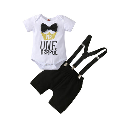 Cute Baby Romper with Bow Tie & Suspender Pants - Adorable Printed Outfit