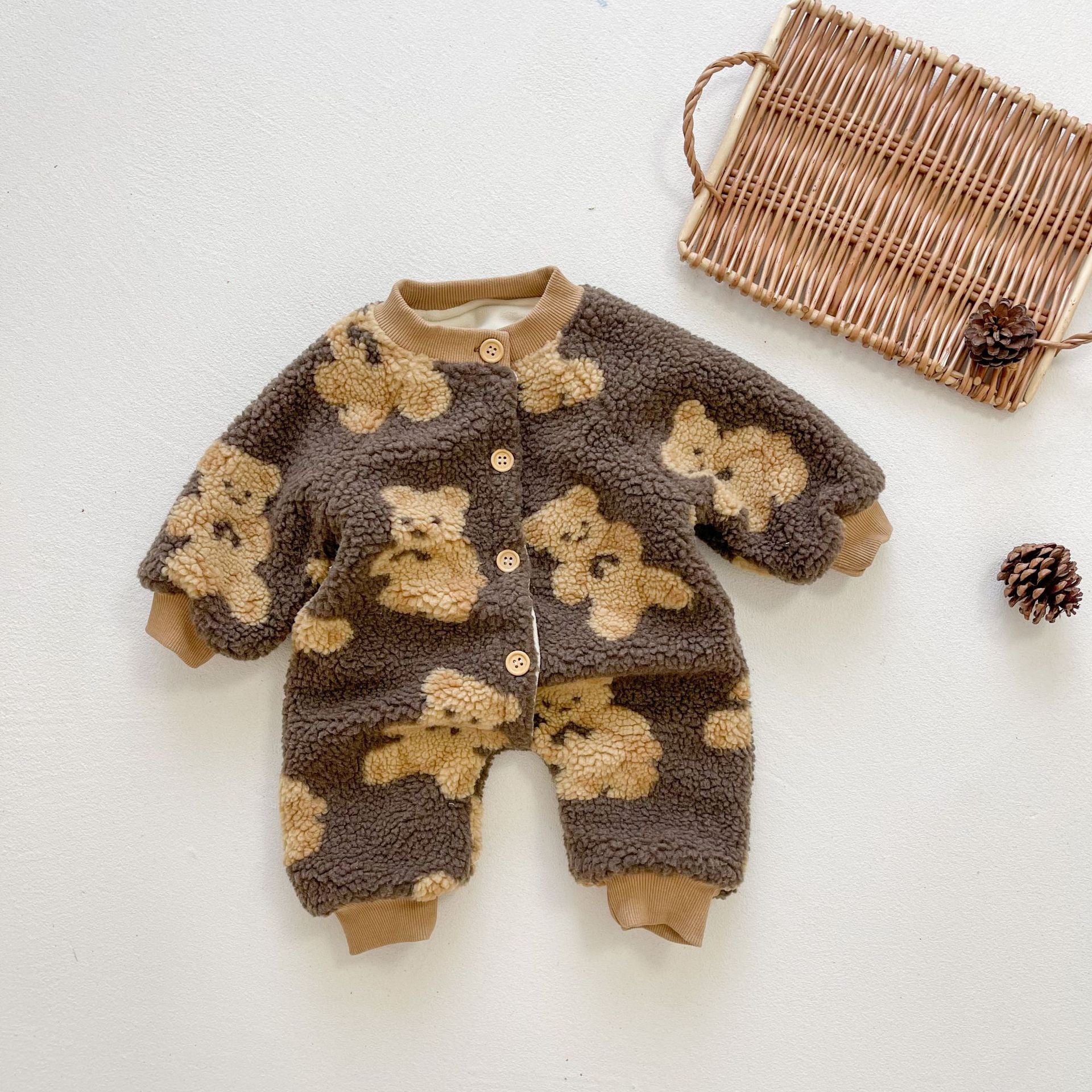 Cozy Bear Design Single Breasted Lamb Wool Baby Jumpsuit