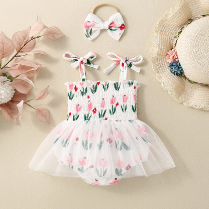 Adorable Baby Girl Floral Printed Spaghetti Strap Triangle Rompers with Tulle Skirt