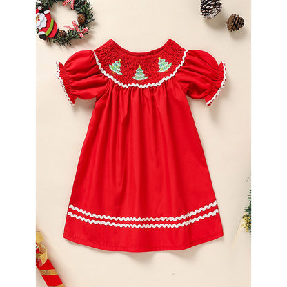 Toddler & Infant Girls Christmas Dress – Smocked Christmas Tree Embroidered Short Sleeve Party Dress