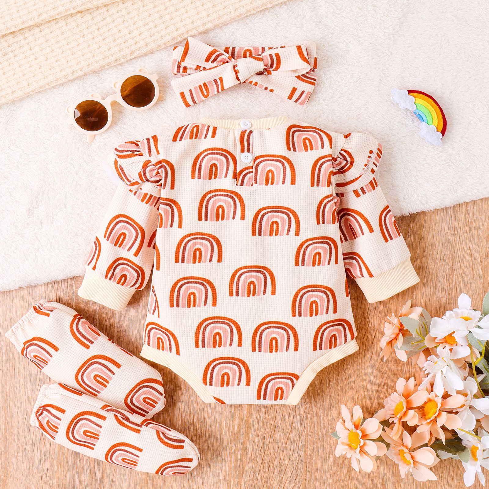 Colorful Children's Rainbow Printing Jumpsuit Suit with Headscarf and Booties - Three-piece Set