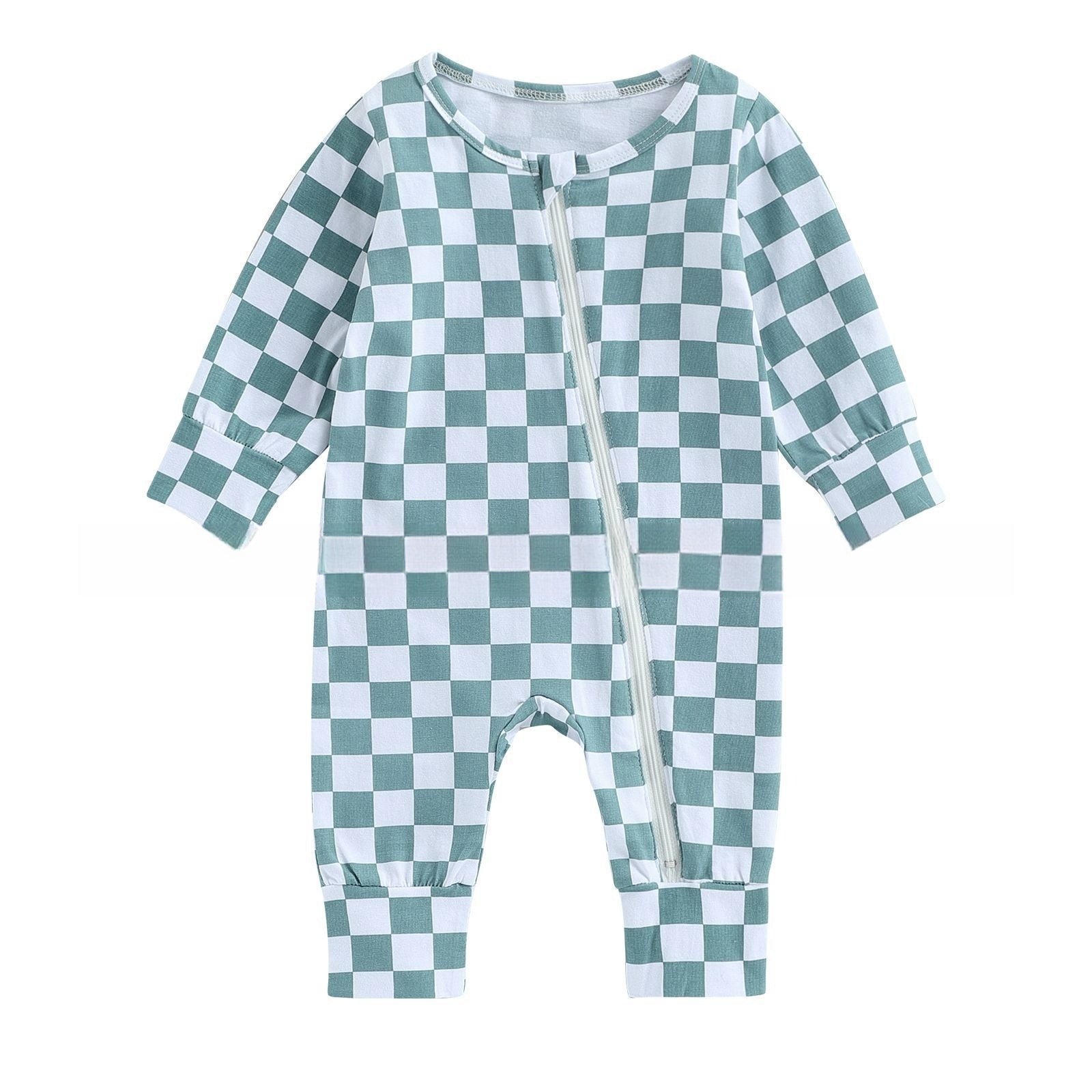 Adorable and Practical: Children's Long Sleeve Checkerboard Design Zipper Jumpsuit!