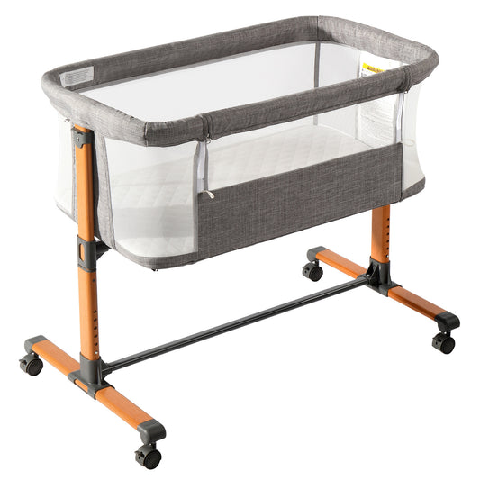150D Encrypted Cationic Cloth Grey Baby Bassinet Bed – Portable Cradle with Wheels for Newborns