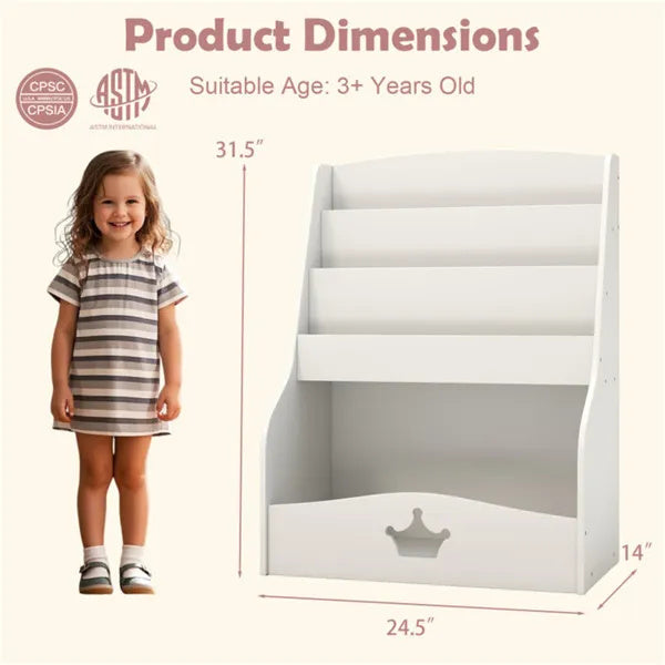 Kids 3-Tier Bookshelf & Toy Storage – White Shelf with Hidden Back Compartment