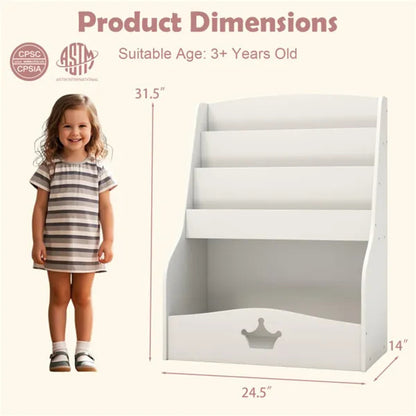 Kids 3-Tier Bookshelf & Toy Storage – White Shelf with Hidden Back Compartment