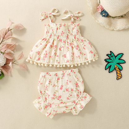 Adorable Baby Girl Floral Print Spaghetti Strap Pom Pom Lace Dress and Short Set
