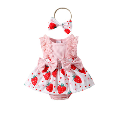 Adorable Infant Toddler Strawberry Print Bow Sleeveless Summer Romper