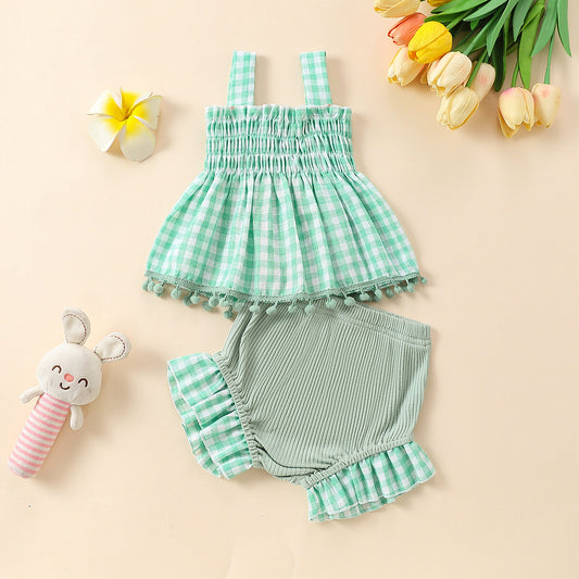 Charming Baby Girl Plaid Design Pom Pom Lace Dress and Short Set