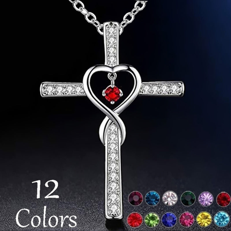 Infinity Love Cross Pendant Necklace – In God We Trust Christian Birthstone Heart Jewelry for Women with Crystal Zircon Gems