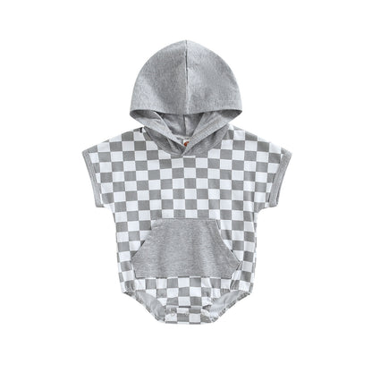 Chessboard Plaid Short Sleeve Hooded Romper: Stylish Comfort for Your Little One
