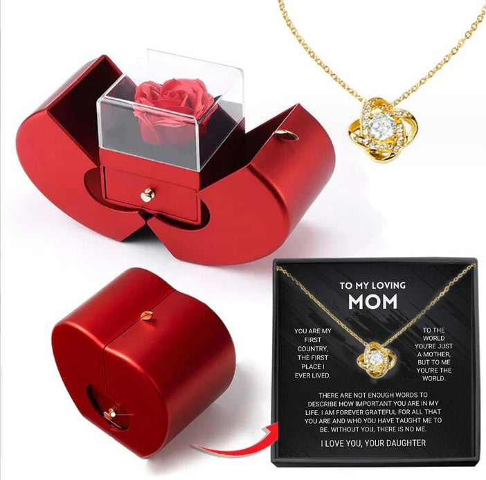 Red Apple Rose Jewelry Box with Necklace – Eternal Flower Gift for Girls, Valentine’s Day & Mother’s Day Romantic Gift
