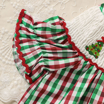 Baby & Toddler Girls Christmas Dress – Short Sleeve Plaid Party Dress with Embroidered Christmas Tree
