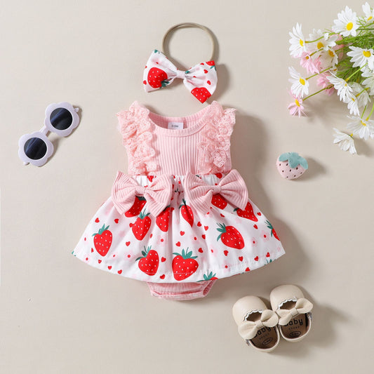Adorable Infant Toddler Strawberry Print Bow Sleeveless Summer Romper