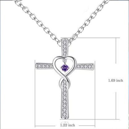 Infinity Love Cross Pendant Necklace – In God We Trust Christian Birthstone Heart Jewelry for Women with Crystal Zircon Gems
