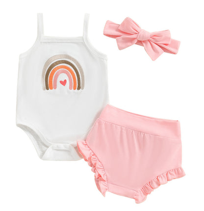 Adorable Baby Girl Spaghetti Strap Printed Romper with High Waist Shorts