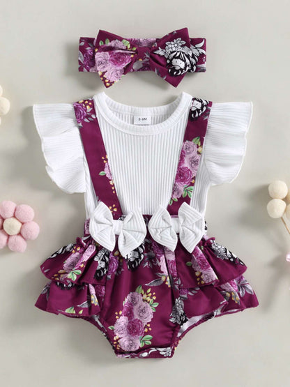Baby Floral Ruffle Sleeve Bow Strap One-piece Romper