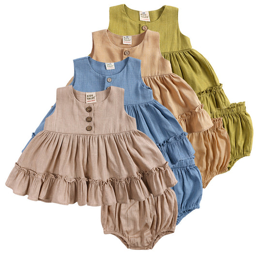 Charming Korean Baby Girls' Sleeveless Ruffled Dress With Bloomers: Adorable Style for Your Little Princess!