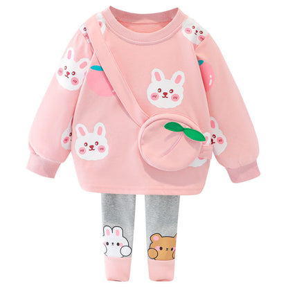 Baby Girl's Animal Printed Sling Bag Design Western Style Autumn Suit