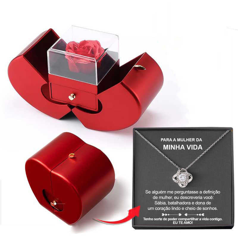 Red Apple Rose Jewelry Box with Necklace – Eternal Flower Gift for Girls, Valentine’s Day & Mother’s Day Romantic Gift