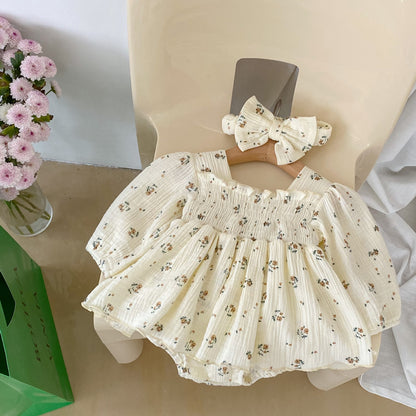 Adorable Baby Girl Floral Romper - Double-Layer Yarn Onesie