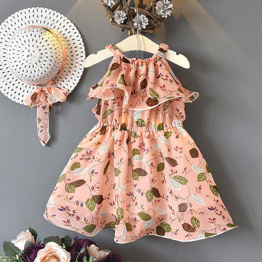Bohemian Holiday: Sleeveless Leaf Chiffon Dress for Girls