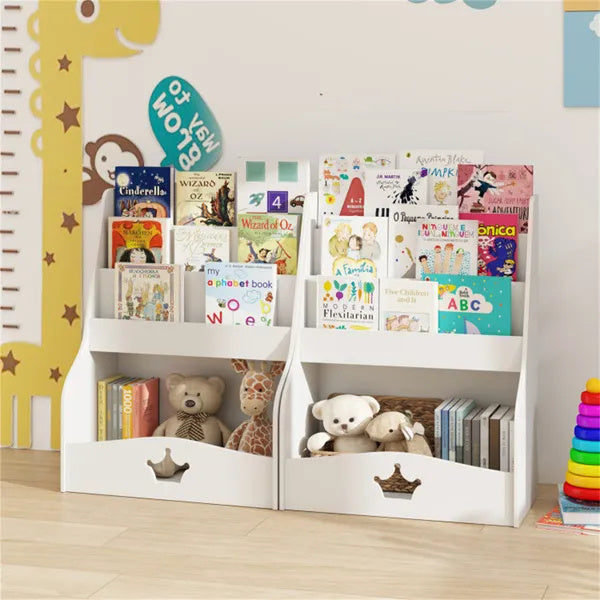 Kids 3-Tier Bookshelf & Toy Storage – White Shelf with Hidden Back Compartment