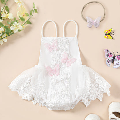 Enchanting Elegance: Girls' Butterfly Lace Spaghetti Strap Princess Dress with Headband