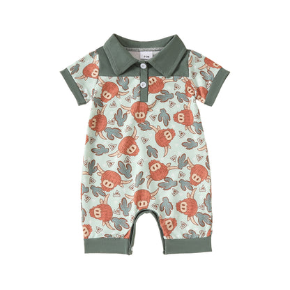 Adorable Cartoon Printed Baby Collared Pullover Short Sleeve Rompers