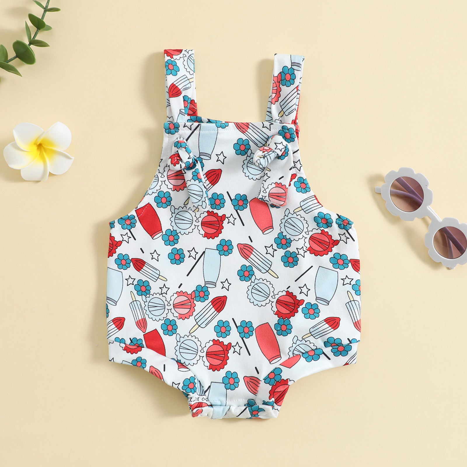 Adorable Baby Ice Cream Printed Front Knotted Suspender Romper