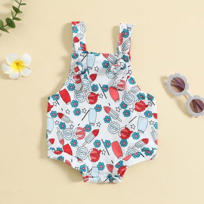 Adorable Baby Ice Cream Printed Front Knotted Suspender Romper