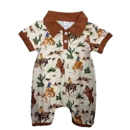 Boy's Western Element Printed Short Sleeve Rompers: Trendy and Comfortable