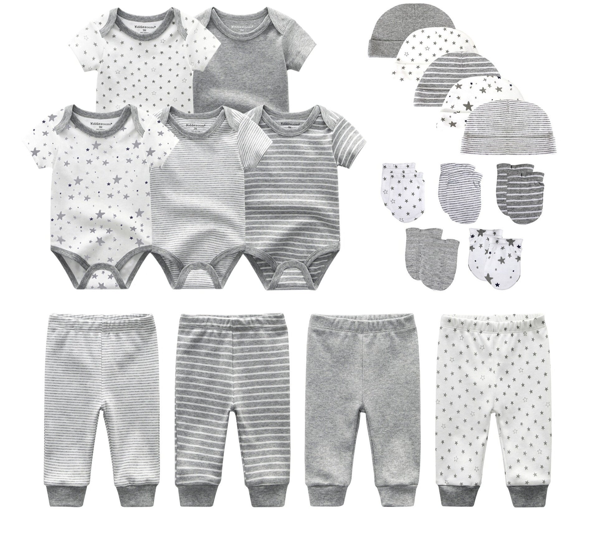 Complete 19-Piece Baby Rompers, Pants, Hat, Gloves Combination Clothes Set