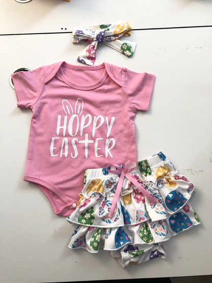 Adorable Baby Girl's Short-Sleeved Printed Romper with Colorful Skirt and Headband Set